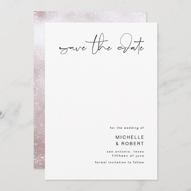 Minimalist Elegant Script Rose Gold Save The Date Invitation (Front/Back)