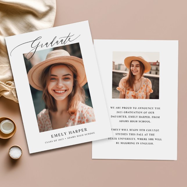 Minimalist Elegant Script Two Photo Graduation Announcement (Creator Uploaded)