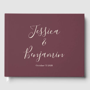 Minimalist Elegant Script Typography in Burgundy Guest Book