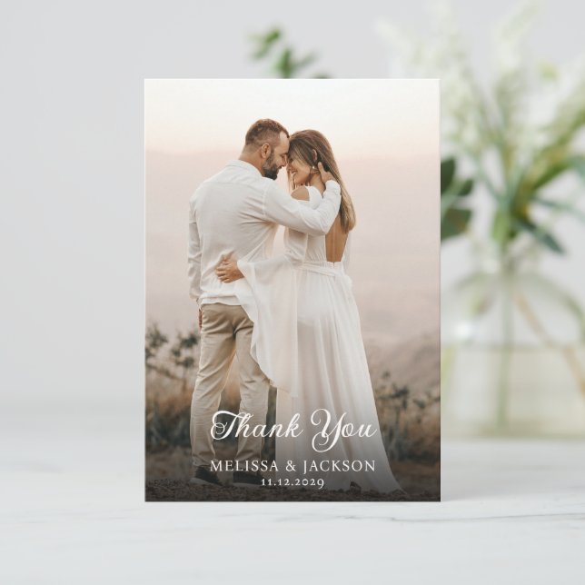 Minimalist Elegant Script Wedding Photo Thank You Card (Standing Front)