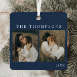 Minimalist Elegant Simple 4 Photo Blue Christmas Metal Ornament<br><div class="desc">Celebrate this holiday season with the Minimalist Elegant Simple 4 Photo Blue Christmas Metal Ornament, a personalized, shatterproof keepsake perfect for sharing your favourite memories. Featuring space for four photos on a double-sided design, this modern ornament combines elegance with practicality. Its deep blue backdrop and minimalist layout allow your photos...</div>