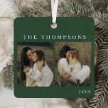 Minimalist Elegant Simple 4 Photo Moss Christmas Metal Ornament<br><div class="desc">Celebrate your cherished memories with the Minimalist Elegant Simple 4-Photo Moss Christmas Metal Ornament. This beautiful ornament showcases four of your favourite photos in a clean, modern layout against a soft moss green background, creating a timeless and personalized touch for your holiday decor. Designed as a custom photo collage ornament,...</div>