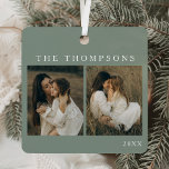Minimalist Elegant Simple 4 Photo Sage Christmas Metal Ornament<br><div class="desc">Celebrate cherished memories in style with the Minimalist Elegant Simple 4 Photo Sage Christmas Metal Ornament. This beautifully crafted ornament allows you to showcase four special photos, elegantly arranged in a photo collage design that’s perfect for family moments, couple portraits, or festive snapshots. With its sleek, sage-green backdrop, this ornament...</div>