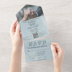 Minimalist Elegant Slate Blue Steel Grey QR Code All In One Invitation