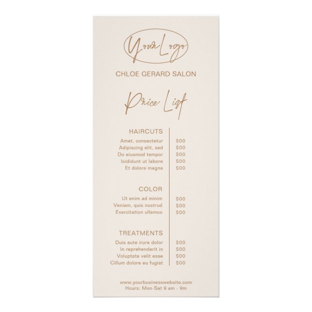 Minimalist Elegant Tan Taupe Modern Price List Rack Card (Front)