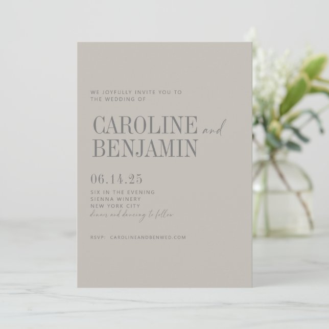 Minimalist Elegant Taupe Grey Script Wedding RSVP Invitation (Standing Front)