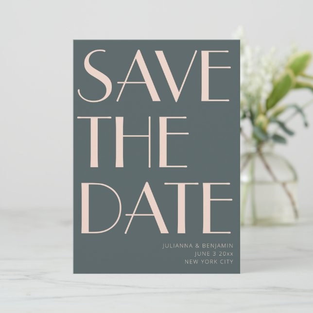 Minimalist Elegant Teal and Blush Art Deco Wedding Save The Date (Standing Front)