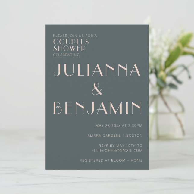 Minimalist Elegant Teal and Blush Couples Shower Invitation (Standing Front)