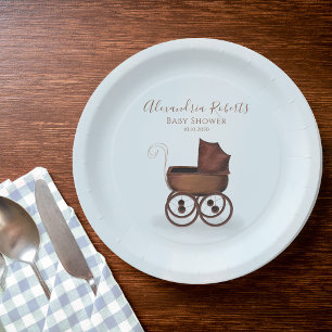 Minimalist Elegant Vintage Baby Carriage Blue Paper Plate