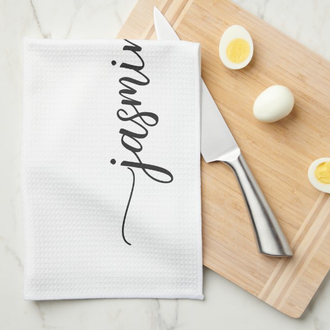 Minimalist Elegant White Monogram Name Script Kitchen Towel (Quarter Fold)