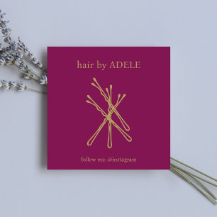 Minimalist Elegant Wine Red Golden Hair Pins Salon Square Business Card