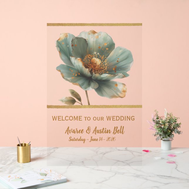 Minimalist Emerald and Gold Poppy Wedding Acrylic  (Mariage)