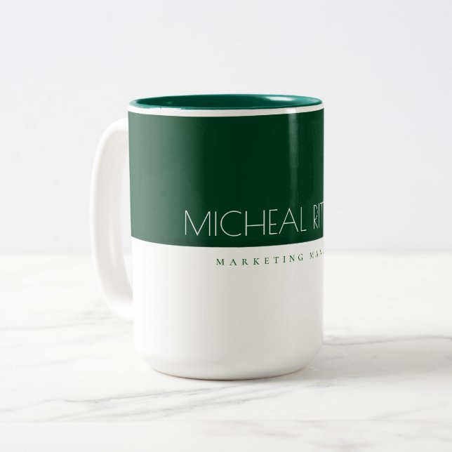 Minimalist Emerald Green Custom monogram Name Job Two-Tone Coffee Mug (Front Left)