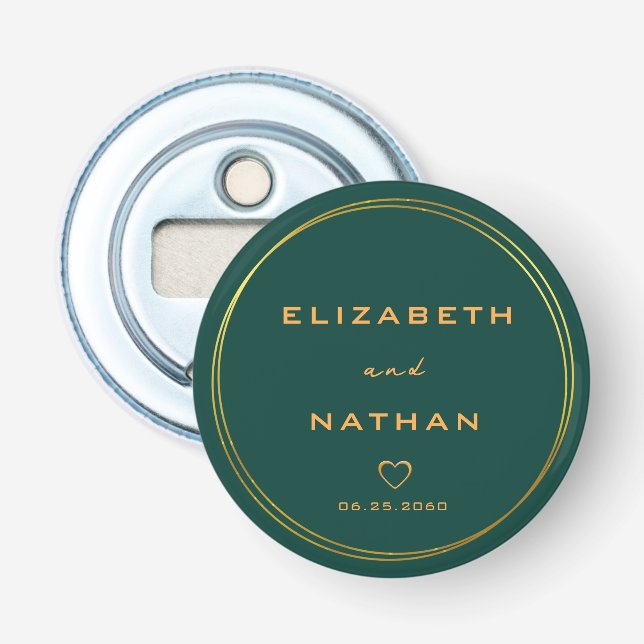 Minimalist Emerald Green & Gold Floral Wedding  Bottle Opener (Front)