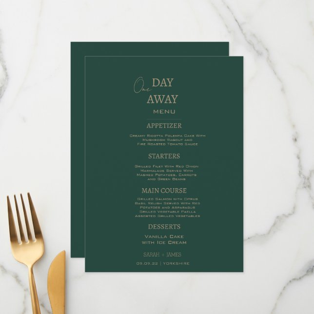 Minimalist Emerald Green One Day Away Wedding  Menu (Front/Back In Situ)