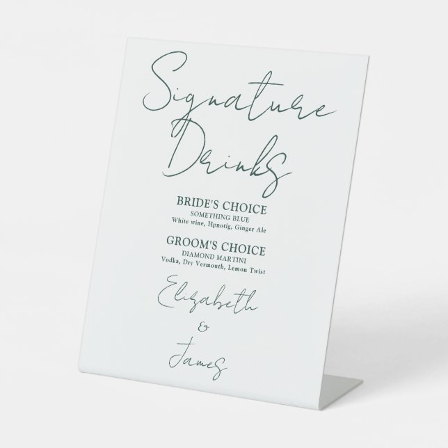 Minimalist Emerald Green Script Signature Drinks Pedestal Sign (Front)