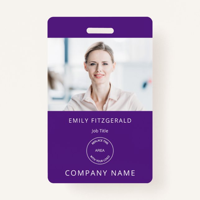 Minimalist Employee Photo ID Name Logo Purple Badge (Front)