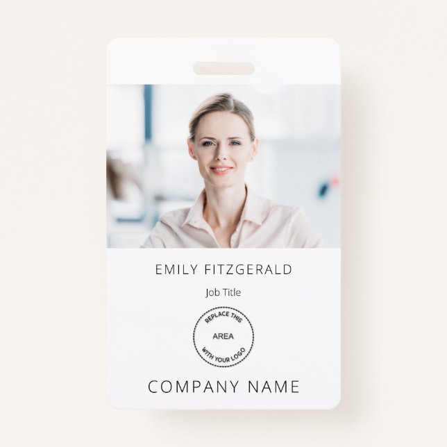 Minimalist Employee Photo ID Name Logo White Badge (Front)