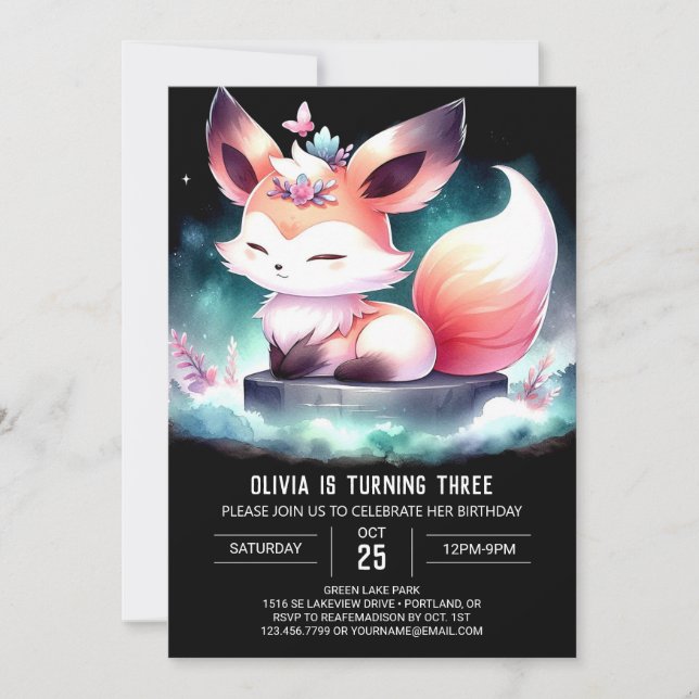 Minimalist Enchanted Fox Birthday digital Invitation (Front)