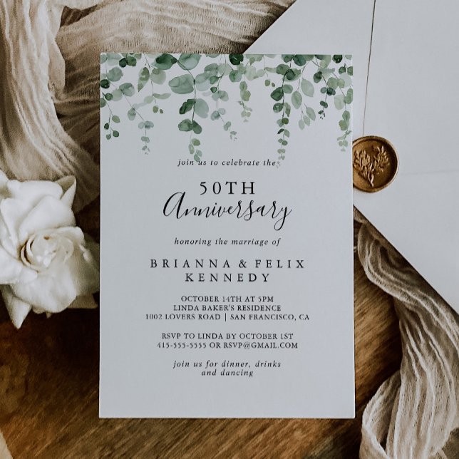 Minimalist Eucalyptus 50th Wedding Anniversary  Invitation (Creator Uploaded)