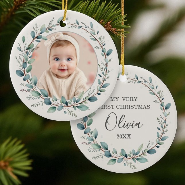 Minimalist Eucalyptus Baby First Christmas Photo Ceramic Ornament (Creator Uploaded)
