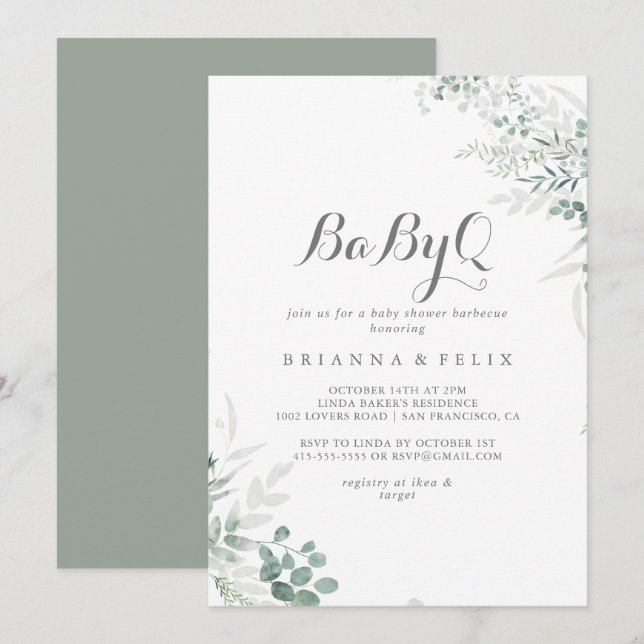 Minimalist Eucalyptus BabyQ Baby Shower Barbecue Invitation (Front/Back)