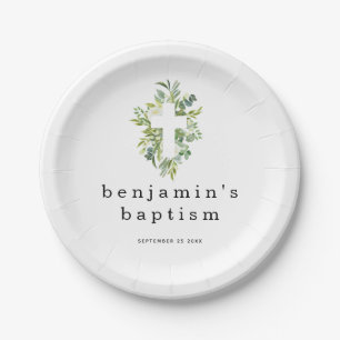 Minimalist Eucalyptus Cross Name Date Baptism Paper Plate