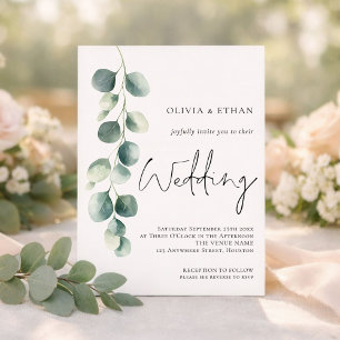 Minimalist Eucalyptus Elegant Script Sage Wedding Invitation