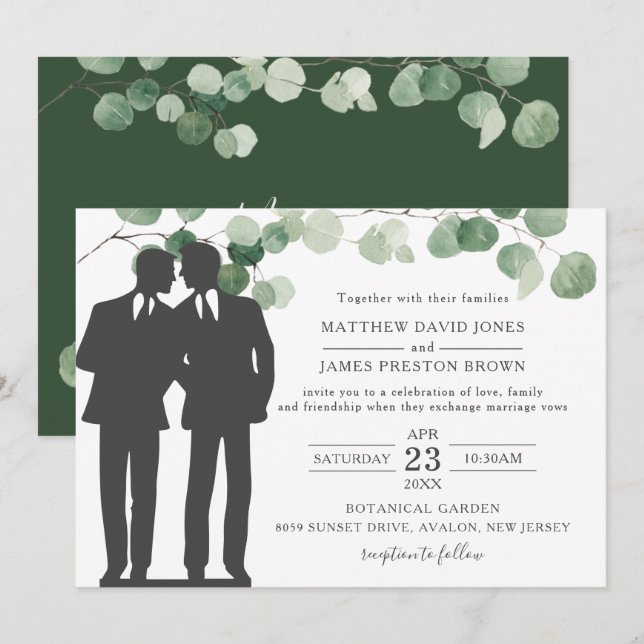 Minimalist Eucalyptus Greenery Gay Wedding Mr & Mr Invitation (Front/Back)