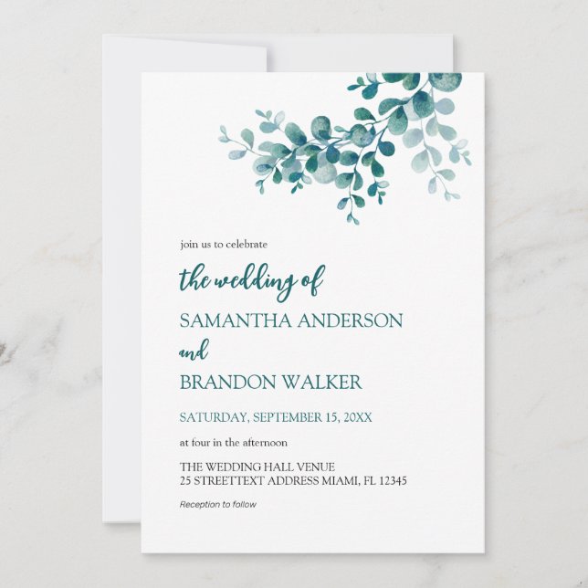 Minimalist eucalyptus greenery Wedding Invitation (Front)
