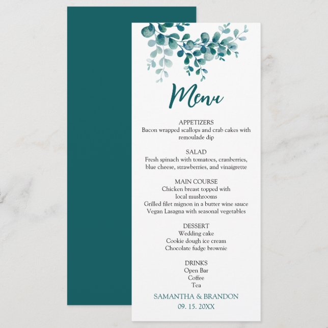 Minimalist eucalyptus greenery wedding menu (Front/Back)