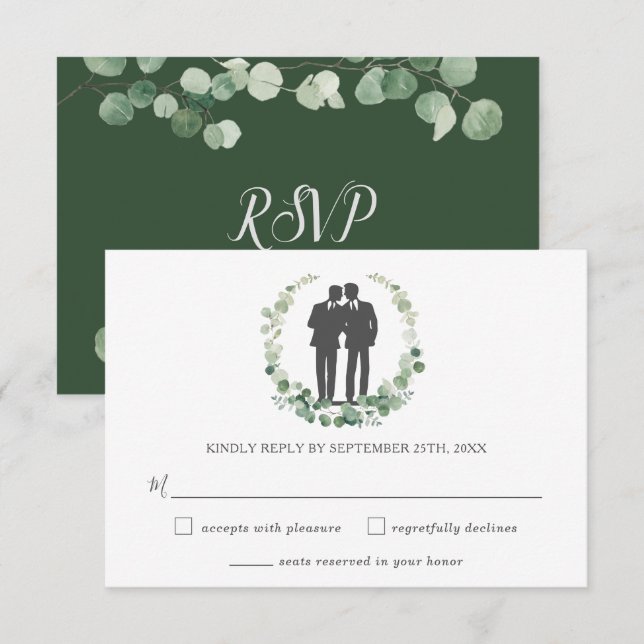 Minimalist Eucalyptus Greenery Wreath Gay Wedding  RSVP Card (Front/Back)