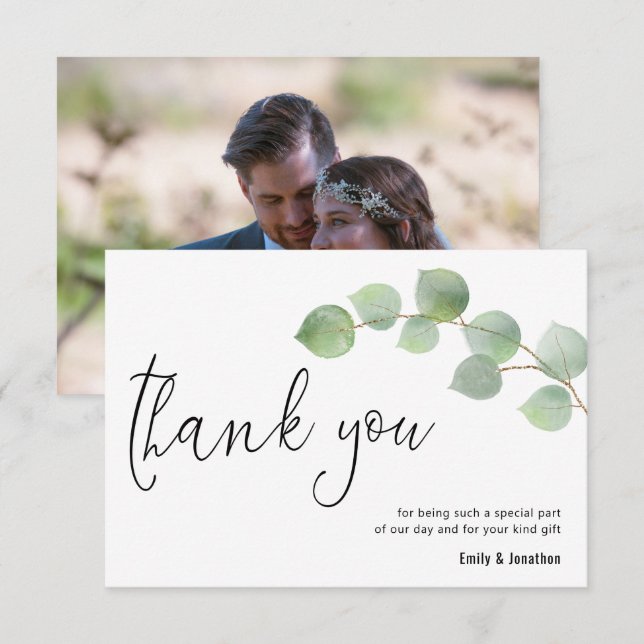 Minimalist Eucalyptus Leaf Script Photo Wedding Thank You Card (Front/Back)