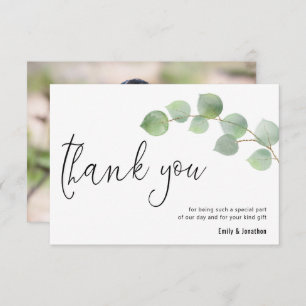 Minimalist Eucalyptus Leaf Script Photo Wedding Thank You Card