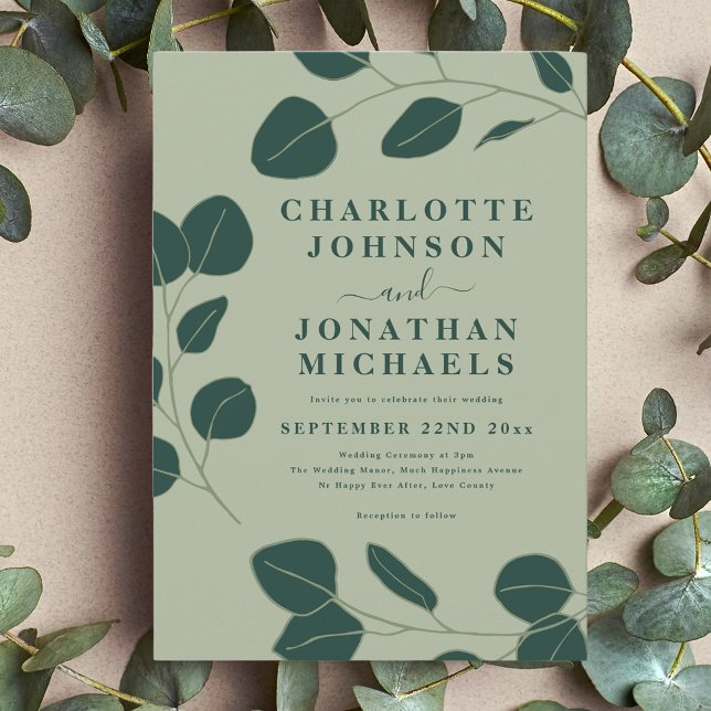 Minimalist Eucalyptus Leaves Green Wedding Invitation (Modern minimalist leaf sage green wedding invitation with stylish elegant typography )