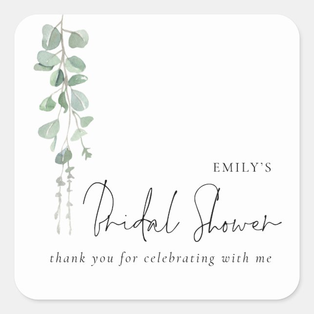 Minimalist Eucalyptus Name Bridal Shower Thank you Square Sticker (Front)