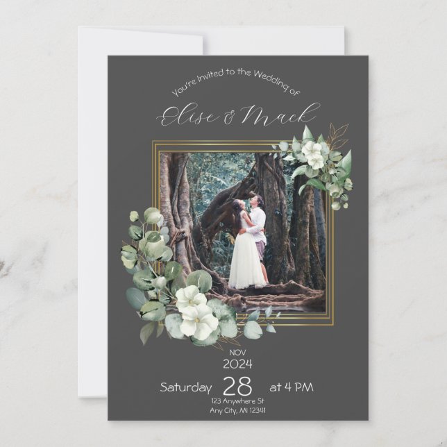 Minimalist Eucalyptus Personalized Wedding Photo Invitation (Front)