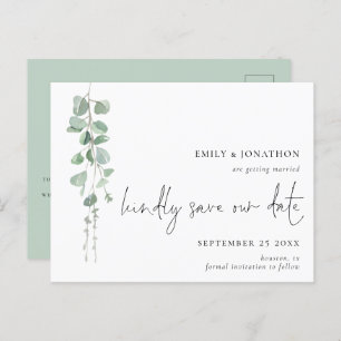 Minimalist Eucalyptus QR Code Script Save The Date Postcard