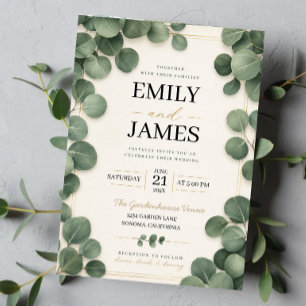 Minimalist Eucalyptus Sage Green Leaves and Gold Acrylic Invitations