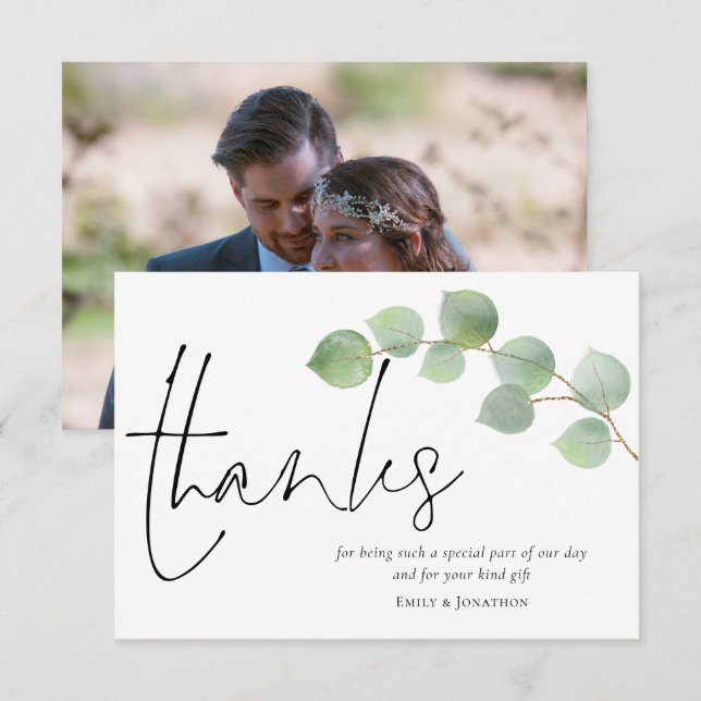 Minimalist Eucalyptus Script Photo Wedding Thank You Card (Front/Back)