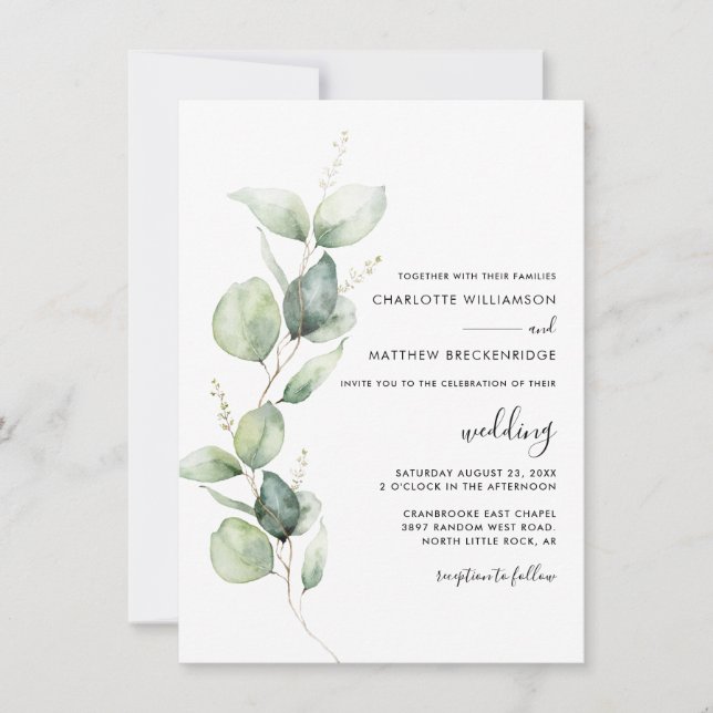 Minimalist Eucalyptus Script Wedding Invitation (Front)