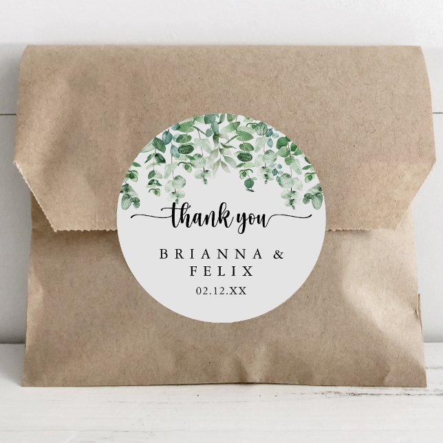 Minimalist Eucalyptus Thank You Wedding Favour   Classic Round Sticker (Creator Uploaded)