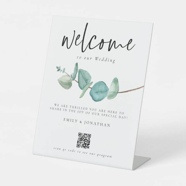 Minimalist Eucalyptus Welcome to Wedding QR Code Pedestal Sign (Front)