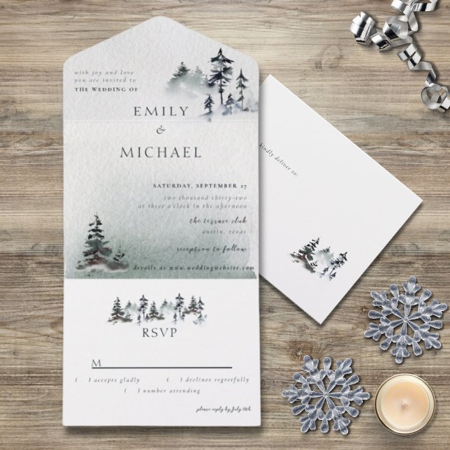 Minimalist Evergreen Mountain Green Slate Blue All In One Invitation (Creator Uploaded)