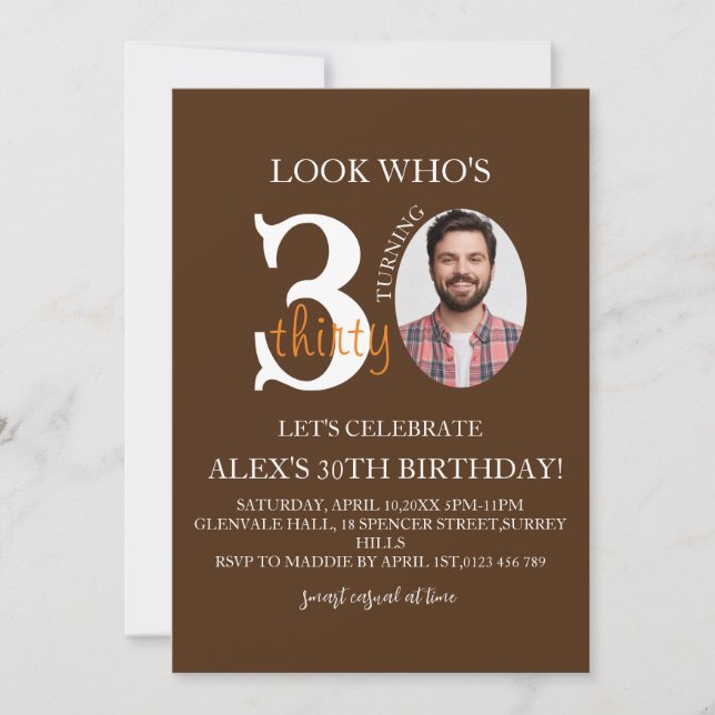 Minimalist evite Birthday 30th, Men Digital 30th  Invitation (Front)