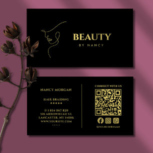 Minimalist Face Beauty Qr Code Black And Gold  Business Card