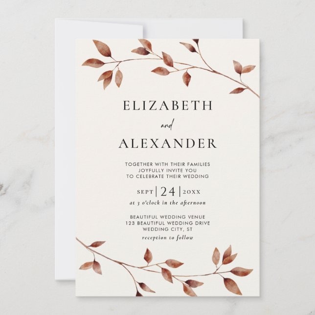 Minimalist Fall Leaves Botanical Wedding Invitation (Front)