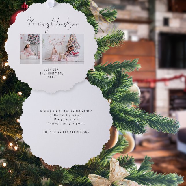 Minimalist Family 2 Photos Name Ornament Card (Front and back view)