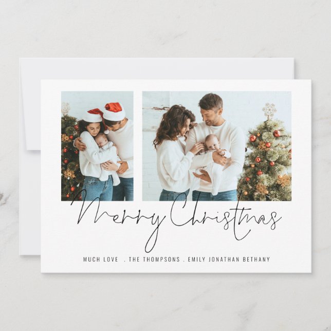 Minimalist Family  2 Photos Script Merry Christmas Holiday Card (Front)