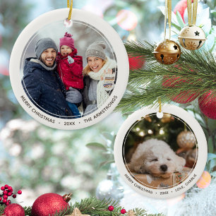 Minimalist Family And Dog Christmas Photo Ceramic Ornament
